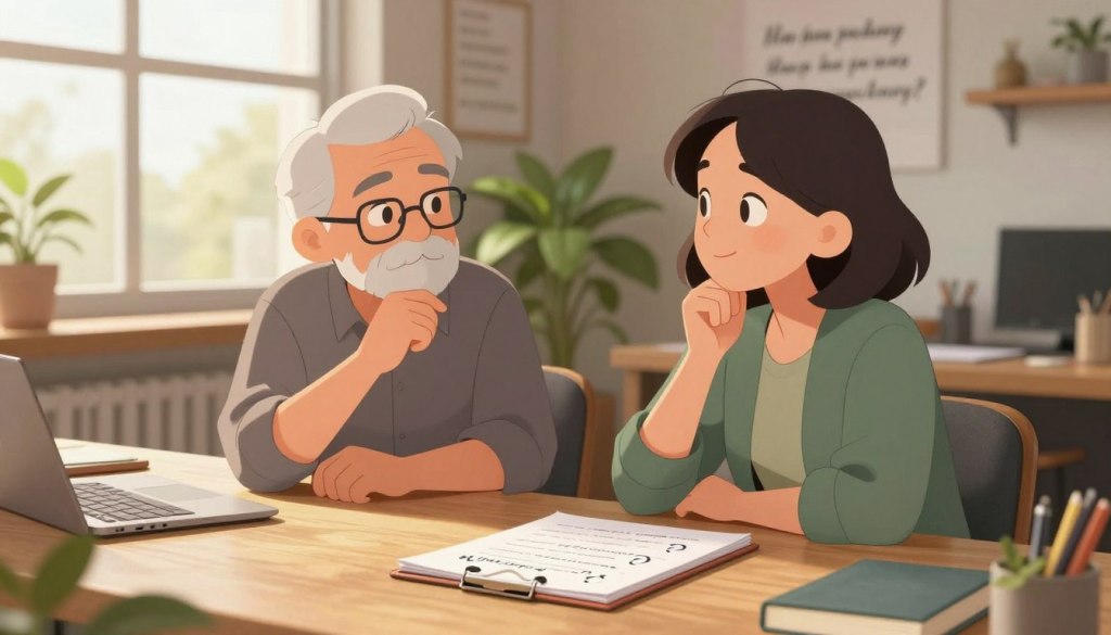 A serene workspace featuring an older adult man and woman engaging in a thoughtful conversation over a wooden table, with warm natural light streaming through a nearby window. The focus is on their expressions of pride and fulfillment while discussing work-related experiences. In the foreground, a notepad with handwritten questions is partially visible, emphasizing the theme of meaningful dialogue. The middle ground features plants and books, creating a cozy and inspiring atmosphere, while the background reveals a softly blurred office setting with motivational quotes on the walls. The image should exude a sense of respect for career achievements and personal identity, capturing a moment of connection and reflection.