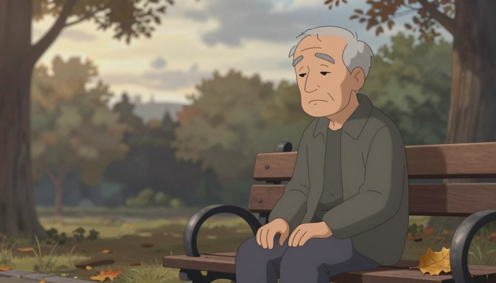 A somber, elderly man sits alone on a park bench, looking down with a distant gaze. He is dressed in modest, casual clothing that reflects a simple lifestyle. In the foreground, a withered, fallen leaf rests beside him, symbolizing lost vitality. The middle ground features blurred trees with muted colors, indicating a fading autumn, enhancing the melancholic atmosphere. In the background, soft, diffused daylight breaks through overcast clouds, casting gentle shadows that suggest an inner turmoil. The overall mood is one of isolation and unrecognized sadness, inviting the viewer to reflect on the unnoticed struggles of depression in seniors. The image should be composed from a slightly elevated angle, creating a sense of distance and perspective, while evoking a feeling of compassion and understanding.