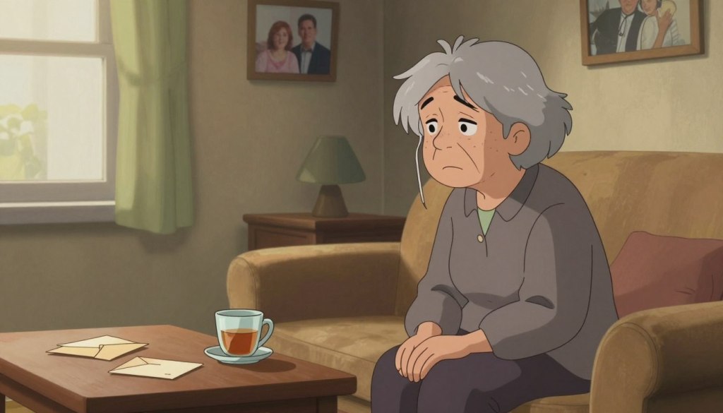 A somber, introspective scene depicting an elderly individual sitting in a softly lit living room, conveying signs of depression. In the foreground, highlight a senior woman wearing modest casual clothing, her expression distant and melancholic as she gazes out the window, with unkempt gray hair partially covering her face. In the middle ground, include a coffee table strewn with unopened letters and a half-empty cup of tea, symbolizing neglect. The background features muted, warm-colored walls adorned with faded family photos, creating a nostalgic yet sad atmosphere. The lighting is soft and diffused, casting gentle shadows that enhance the feeling of isolation. This image should evoke a sense of empathy and reflection on the hidden struggles of seniors confronting depression.