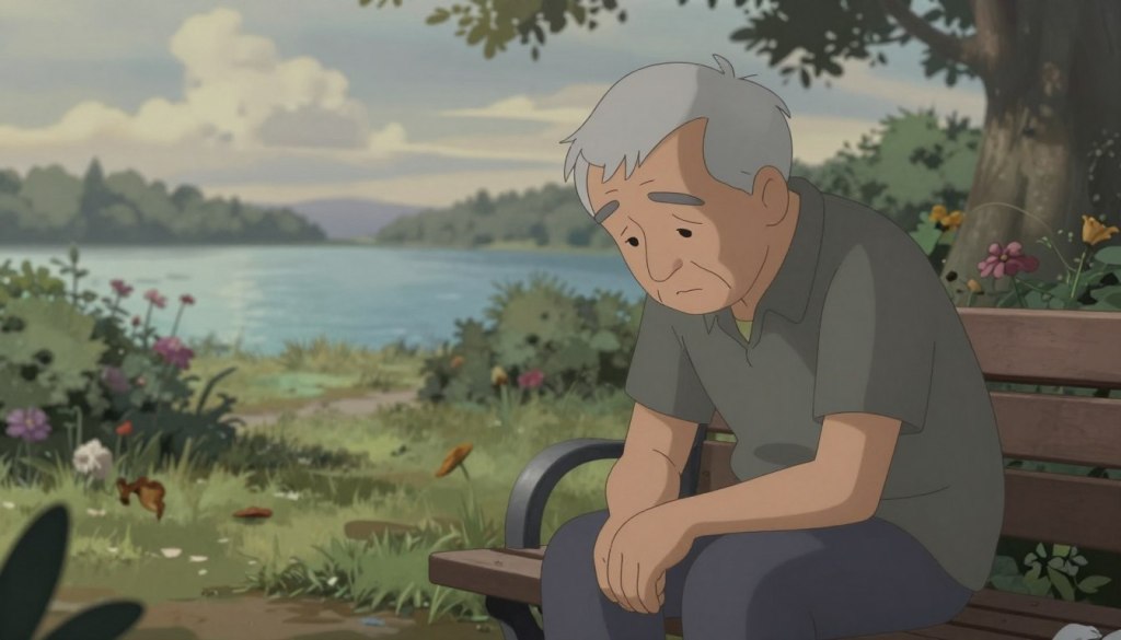 A somber, reflective scene capturing the essence of grief and emotional weight. In the foreground, a senior individual in modest casual attire sits on a bench, their hands clasped and head slightly bowed, conveying a sense of loss and contemplation. The middle ground features a gentle, softly blurred garden setting, with muted colors and wilting flowers representing feelings of sadness. In the background, a distant view of a tranquil lake under a cloudy sky adds to the melancholic atmosphere. The overall lighting is soft and diffused, creating a serene yet heavy mood, as if time has momentarily paused in reflection. The angle should be slightly elevated, focusing on the individual while allowing the environment to envelop them in a poignant embrace.