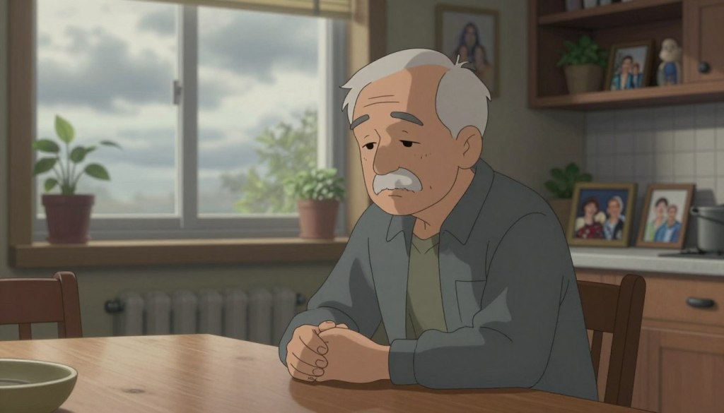 A somber yet insightful portrayal of high-functioning depression in seniors. In the foreground, a senior man sits alone at a kitchen table, his facial expression subtle but reflective, wearing modest casual clothing. His hands gently clasped in front of him, conveying a sense of introspection. In the middle ground, a window reveals a cloudy sky, hinting at an overcast day, casting soft, diffused light that creates gentle shadows around him. In the background, shelves filled with family photos and plants highlight the contrast between an outwardly full life and inner feelings of isolation. The atmosphere should evoke a sense of quiet contemplation and understated emotional struggle, inviting viewers to reflect on the hidden signs of depression in seemingly functioning seniors.