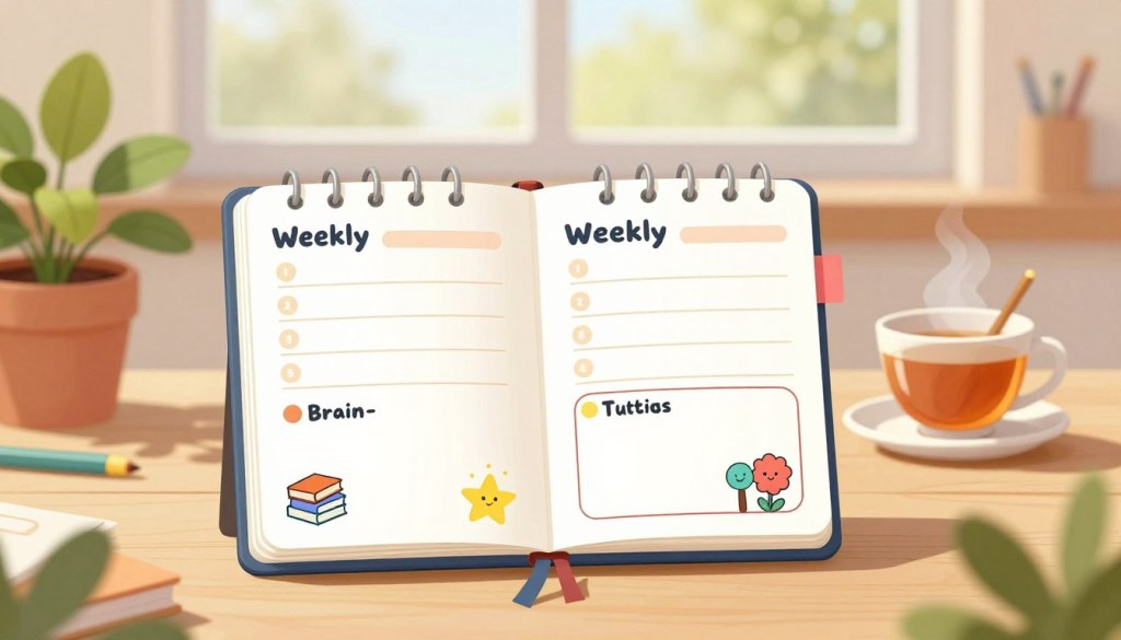 A stylish and minimal weekly planner displayed prominently in the foreground, showing neatly organized sections for daily brain-activity tasks. The planner features bright colors and simple, inviting illustrations like books, puzzles, and uplifting icons. In the middle ground, a serene workspace with a wooden desk adorned with a potted plant, a warm cup of tea, and stationery items. The background includes a softly blurred window with natural sunlight filtering in, creating a cozy and motivating atmosphere. The lighting is soft and inviting, capturing a sense of tranquility and focus. Overall, the mood conveys a friendly and encouraging approach to daily brain activities, ideal for seniors.