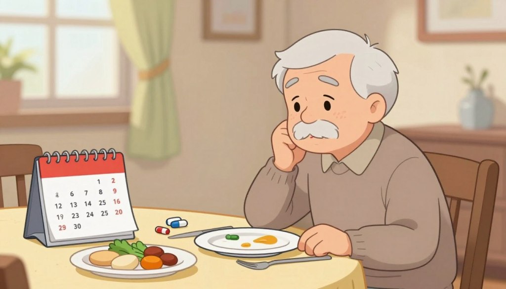 A thoughtful and informative image depicting the warning signs of low appetite in the elderly. In the foreground, feature an elderly person sitting at a well-set dining table, looking thoughtfully at their plate with a few untouched dishes. In the middle ground, include subtle indicators of warning signs, such as a calendar marked with doctor appointments and a few medications on the table. The background should depict a cozy, softly-lit dining room setting, filled with warm tones and gentle light streaming through a window, creating a reassuring atmosphere. Capture a sense of concern and care, emphasizing the importance of recognizing these signs, with soft focus on the details for a calming effect. Ensure the elderly person is dressed modestly in a comfortable sweater.