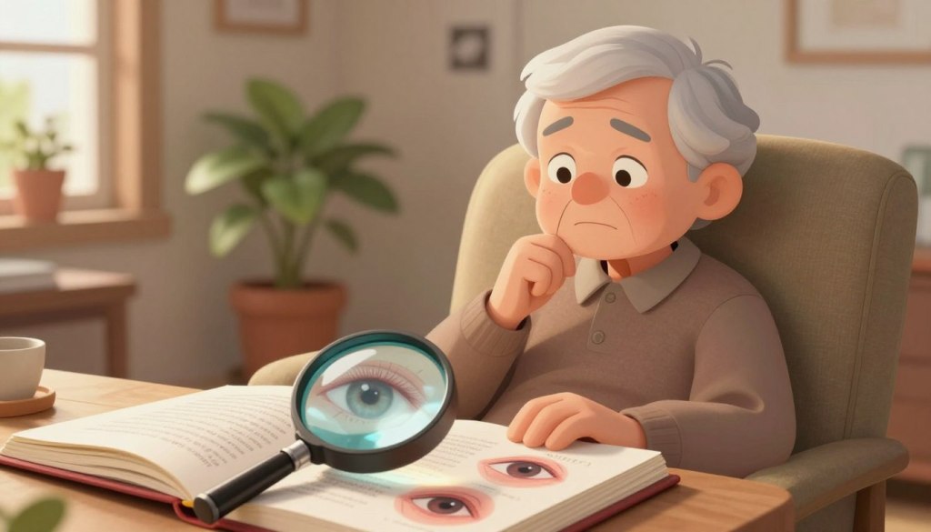 A thoughtful and serene indoor scene depicting an elderly person sitting comfortably in an armchair, examining a book about eye health. In the foreground, focus on a magnifying glass resting on the open pages of the book, highlighting illustrations of common eye conditions like cataracts and glaucoma. In the middle ground, soft lighting creates a warm atmosphere, illuminating the person's face with a gentle glow, reflecting both concern and contemplation. The background features a cozy living room adorned with a few potted plants and a window with daylight streaming through, symbolizing hope and clarity. The overall mood should evoke a sense of reflection on the connection between vision health and cognitive function, creating an inviting and informative setting without any distractions.
