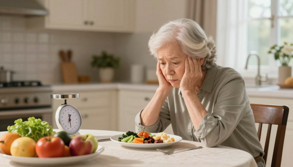 A thoughtful and serene scene depicting a senior individual sitting at a dining table, appearing reflective and slightly concerned while observing a balanced plate of healthy foods with a measuring scale nearby. The foreground shows an elegant table setting with colorful fruits and vegetables, emphasizing healthy eating. In the middle background, a softly lit kitchen space is visible, adorned with light-colored cabinets and gentle natural light filtering through a window, creating a warm atmosphere. The lighting is soft and diffused, highlighting the textures of the food while casting gentle shadows. The mood is calm and introspective, capturing the essence of monitoring health and weight in seniors, without any distractions or elements that could overwhelm the viewer.