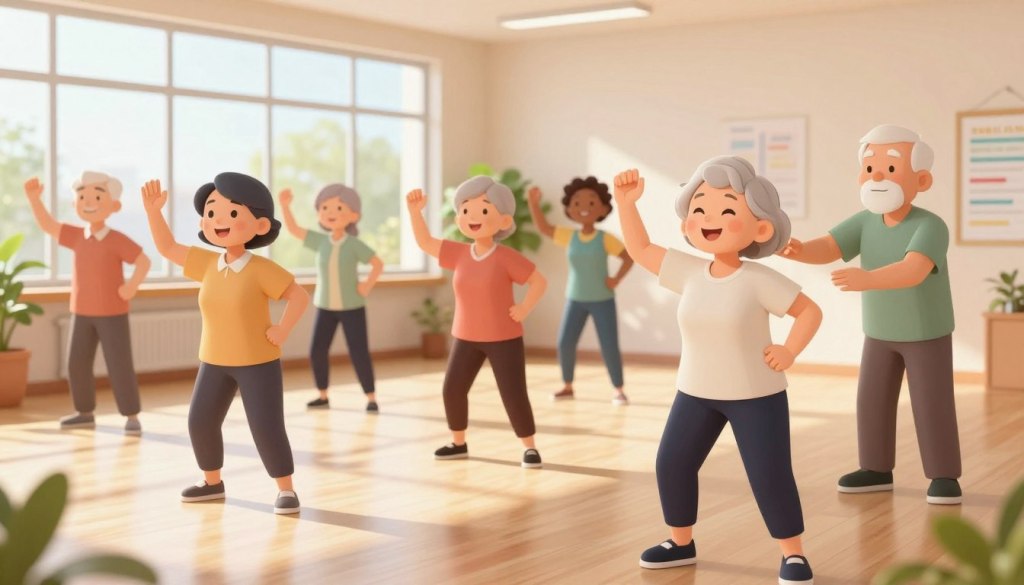 A thoughtful scene featuring a diverse group of senior adults engaged in a light exercise class in a bright, airy community center. In the foreground, a cheerful older woman, dressed in modest activewear, demonstrates a gentle stretching routine, her expression reflecting determination and joy. Nearby, a friendly older man encourages his peers, wearing a supportive smile. In the middle ground, a small group of seniors follows along, showing a mix of ethnicities and body types, all clad in comfortable, respectful clothing. Sunlight streams in through large windows, creating a warm, inviting atmosphere. The background features soft green plants and motivational posters, enhancing the sense of community and health awareness. The overall mood is uplifting and hopeful, emphasizing the importance of maintaining a healthy lifestyle in later years.