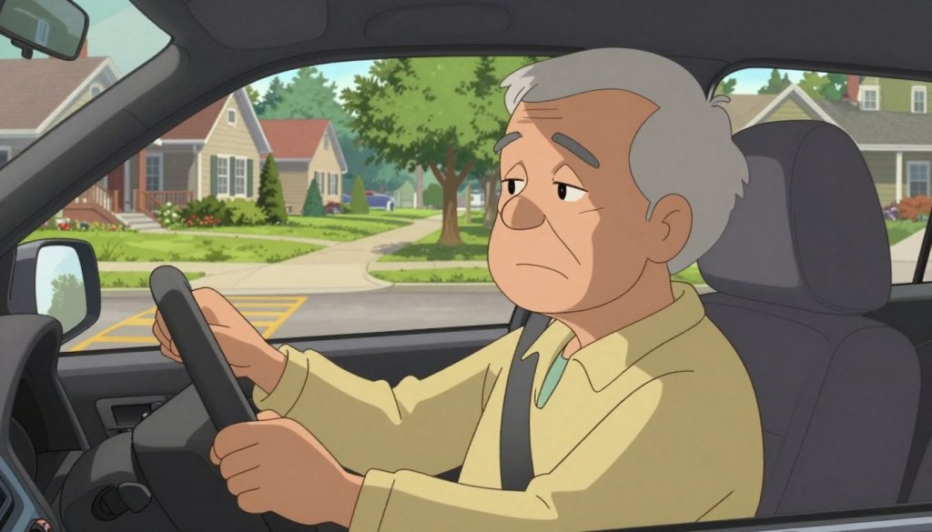 A thoughtful scene featuring an older adult sitting in the driver’s seat of a parked car, looking pensive and contemplative. In the foreground, their hands rest on the steering wheel, conveying a sense of reluctance about driving, with sunlight softly illuminating their face through the windshield. In the middle ground, a cozy suburban street is visible, with well-kept homes and lush trees lining the road, signifying a familiar environment. In the background, a peaceful park can be seen, hinting at the importance of community and safety. The lighting is warm and inviting, evoking an atmosphere of nostalgia and contemplation. The image has a soft focus to emphasize the emotion and connection to the subject matter. A thoughtful scene featuring an older adult sitting in the driver’s seat of a parked car, looking pensive and contemplative. In the foreground, their hands rest on the steering wheel, conveying a sense of reluctance about driving, with sunlight softly illuminating their face through the windshield. In the middle ground, a cozy suburban street is visible, with well-kept homes and lush trees lining the road, signifying a familiar environment. In the background, a peaceful park can be seen, hinting at the importance of community and safety. The lighting is warm and inviting, evoking an atmosphere of nostalgia and contemplation. The image has a soft focus to emphasize the emotion and connection to the subject matter.