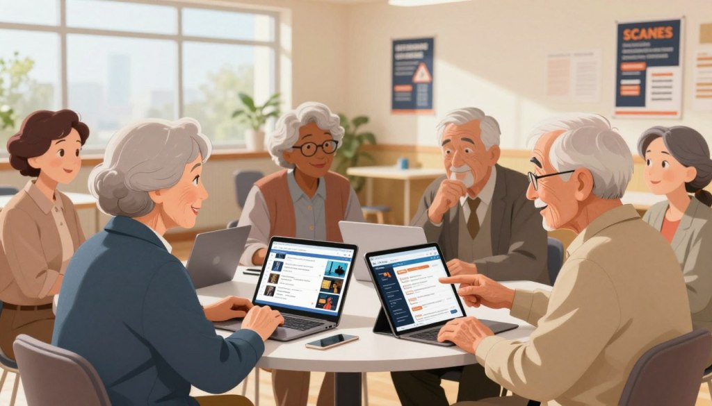 A tranquil scene in a bright, well-lit community center showcasing a diverse group of senior citizens engaged in a friendly discussion about internet safety and scam awareness. In the foreground, a senior woman dressed in professional business attire points to an informational brochure, while a senior man beside her nods in agreement, looking attentive. In the middle, a round table is filled with laptops and tablets displaying various multi-channel messaging platforms, symbolizing modern communication. The background reveals a warm, inviting environment with large windows letting in natural light and walls adorned with posters about recognizing scams. The atmosphere is supportive, focusing on camaraderie and education, with soft lighting that enhances a sense of community and awareness. A tranquil scene in a bright, well-lit community center showcasing a diverse group of senior citizens engaged in a friendly discussion about internet safety and scam awareness. In the foreground, a senior woman dressed in professional business attire points to an informational brochure, while a senior man beside her nods in agreement, looking attentive. In the middle, a round table is filled with laptops and tablets displaying various multi-channel messaging platforms, symbolizing modern communication. The background reveals a warm, inviting environment with large windows letting in natural light and walls adorned with posters about recognizing scams. The atmosphere is supportive, focusing on camaraderie and education, with soft lighting that enhances a sense of community and awareness.