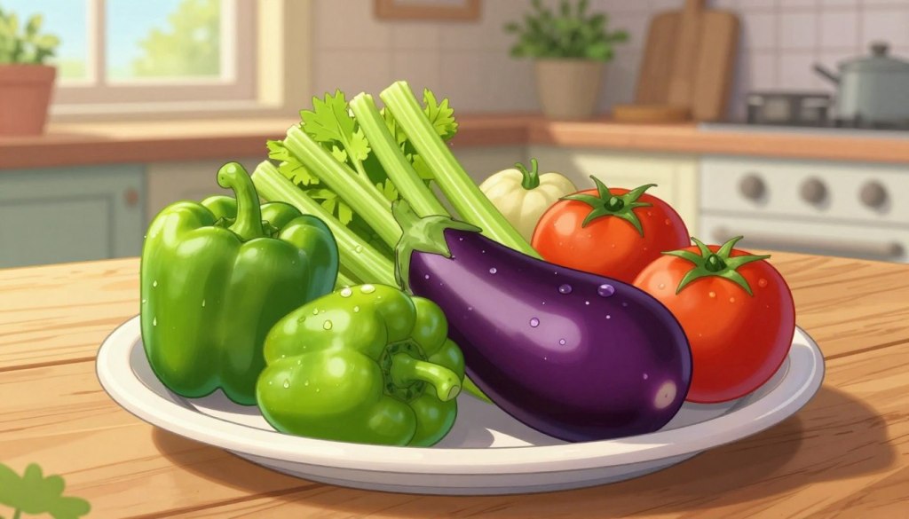 A vibrant and fresh display of assorted non-starchy vegetables arranged artfully on a simple white plate. In the foreground, showcase bright green bell peppers, deep purple eggplant, crisp celery, and colorful tomatoes, all glistening with dew. The middle ground features a rustic wooden table, hinting at a cozy kitchen atmosphere. Soft, warm natural light streams in from a window, casting gentle shadows and highlighting the textures of the vegetables. In the background, a blurred kitchen setting includes cabinets and potted herbs, enhancing the homely feel. The overall mood is inviting and wholesome, emphasizing healthy eating choices for seniors. The composition should evoke a sense of simplicity and approachability, without any distractions.