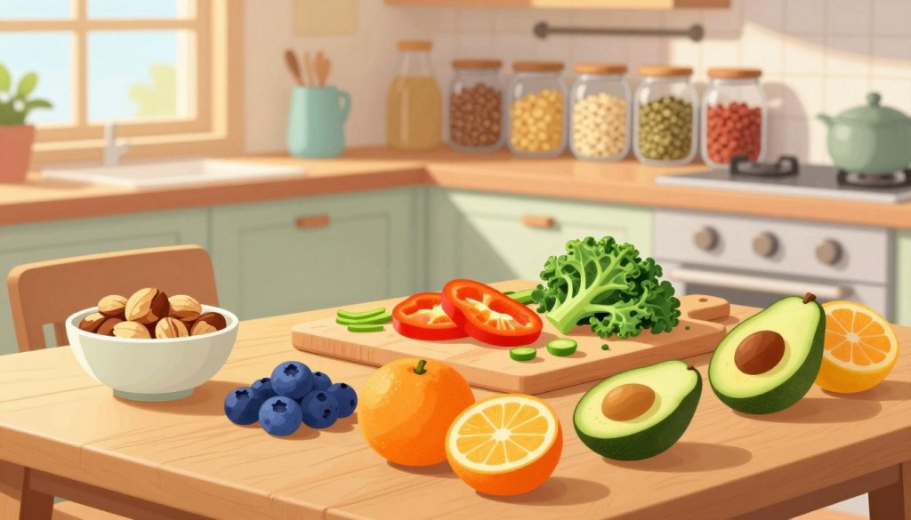 A vibrant and inviting kitchen scene showcasing healthy food options to illustrate diet patterns that may lower the risk of cognitive decline. In the foreground, a wooden table is adorned with colorful fruits like blueberries, oranges, and avocados, alongside a bowl of nuts. In the middle, a cutting board features chopped vegetables such as kale and bell peppers, hinting at meal preparation. The background reveals bright shelves filled with whole grains and spices, emphasizing a wholesome diet. Soft, natural lighting streams through a window, creating a warm and welcoming atmosphere. The camera angle captures the scene from slightly above, inviting viewers into the culinary space without any distractions or text.