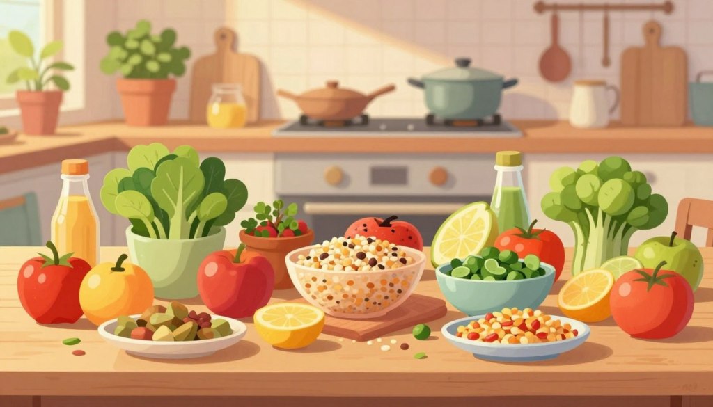 A vibrant and inviting table setting filled with a variety of nutritious foods representing different food groups. In the foreground, a colorful array of fresh fruits, leafy greens, whole grains, and protein sources beautifully arranged. In the middle, a warm and inviting kitchen backdrop with soft, natural lighting that highlights the textures and colors of the food. The background features a subtle kitchen scene with potted herbs and cooking utensils, conveying a sense of home and comfort. The mood is friendly and approachable, aiming to inspire positive conversations about food variety and nutrition. All elements are depicted without any text or distractions, emphasizing the importance of healthy meal choices. A vibrant and inviting table setting filled with a variety of nutritious foods representing different food groups. In the foreground, a colorful array of fresh fruits, leafy greens, whole grains, and protein sources beautifully arranged. In the middle, a warm and inviting kitchen backdrop with soft, natural lighting that highlights the textures and colors of the food. The background features a subtle kitchen scene with potted herbs and cooking utensils, conveying a sense of home and comfort. The mood is friendly and approachable, aiming to inspire positive conversations about food variety and nutrition. All elements are depicted without any text or distractions, emphasizing the importance of healthy meal choices.