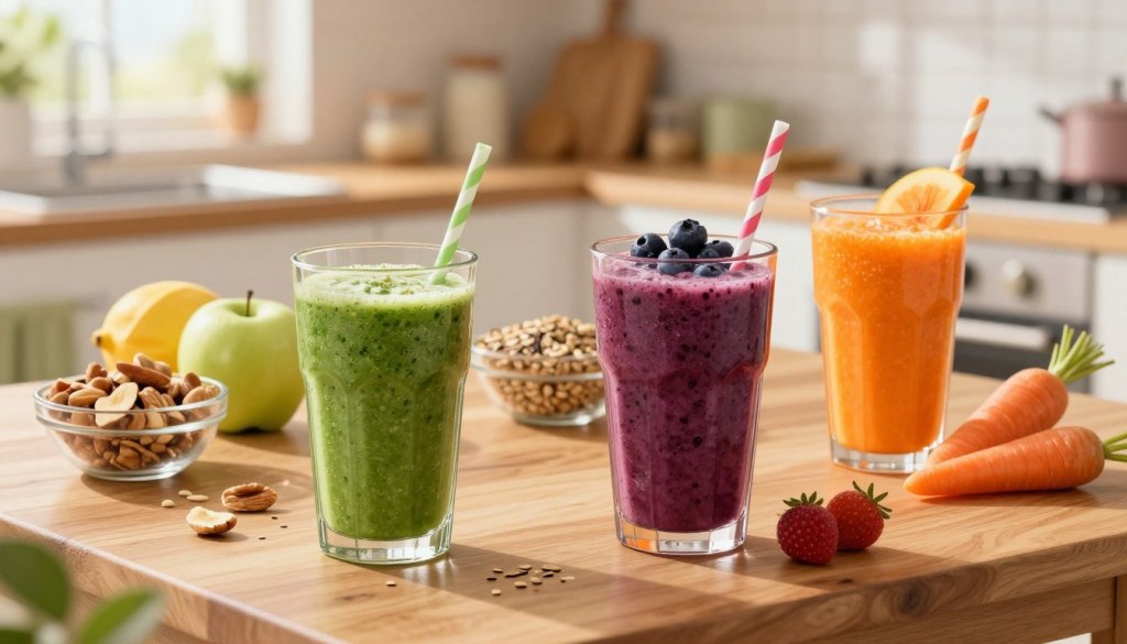 A vibrant arrangement of nutritional smoothies displayed on a wooden kitchen table, featuring a variety of colors and ingredients. The foreground includes three smoothies in clear glasses: a green kale and apple smoothie, a deep purple berry blend, and a bright orange carrot and ginger mix, topped with fresh fruits. In the middle ground, small bowls of nuts, seeds, and fresh fruits are artfully placed, emphasizing healthy ingredients. The background features a softly blurred sunny kitchen scene with light streaming through a window, creating an inviting atmosphere. The image should use natural lighting with a warm tone, captured from a slightly elevated angle to enhance the visual appeal and focus on the smoothies. The overall mood is cheerful, approachable, and health-oriented.