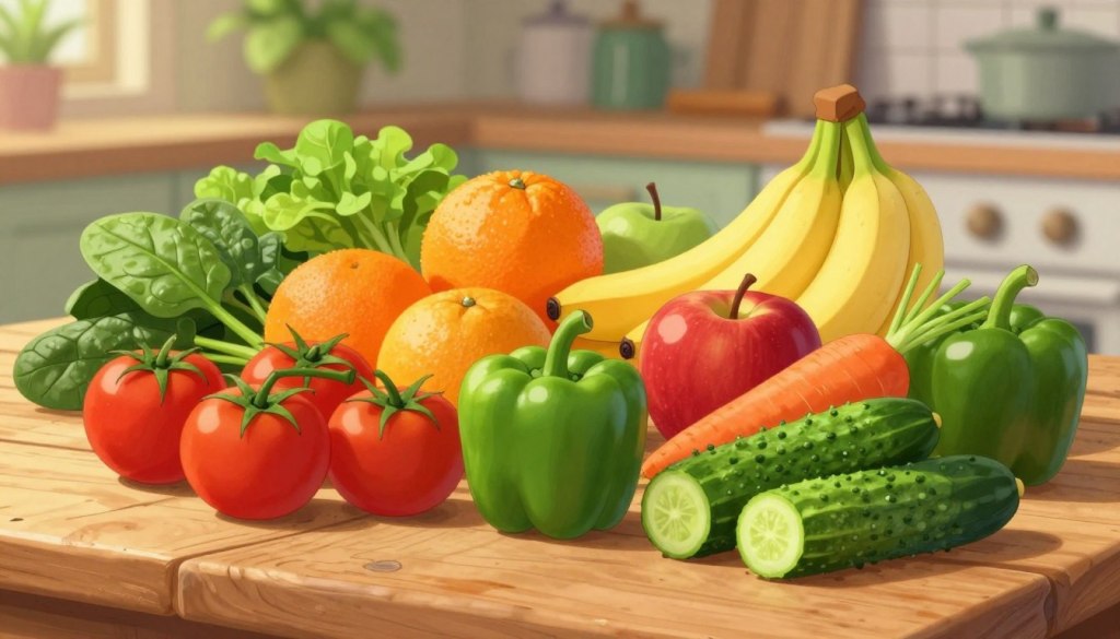 A vibrant arrangement of various affordable vegetables and fruits placed on a rustic wooden table, showcasing an array of colorful produce. In the foreground, feature bright red tomatoes, green bell peppers, and crisp cucumbers, along with fresh carrots and leafy spinach. In the middle, include a selection of fruits such as oranges, bananas, and apples, displaying their rich textures and colors. The background features soft-focus green plants or a subtle kitchen setting to create warmth. Natural lighting illuminates the scene, casting gentle shadows and enhancing the freshness of the produce. The atmosphere is inviting and friendly, emphasizing the importance of healthy eating on a budget. A vibrant arrangement of various affordable vegetables and fruits placed on a rustic wooden table, showcasing an array of colorful produce. In the foreground, feature bright red tomatoes, green bell peppers, and crisp cucumbers, along with fresh carrots and leafy spinach. In the middle, include a selection of fruits such as oranges, bananas, and apples, displaying their rich textures and colors. The background features soft-focus green plants or a subtle kitchen setting to create warmth. Natural lighting illuminates the scene, casting gentle shadows and enhancing the freshness of the produce. The atmosphere is inviting and friendly, emphasizing the importance of healthy eating on a budget.