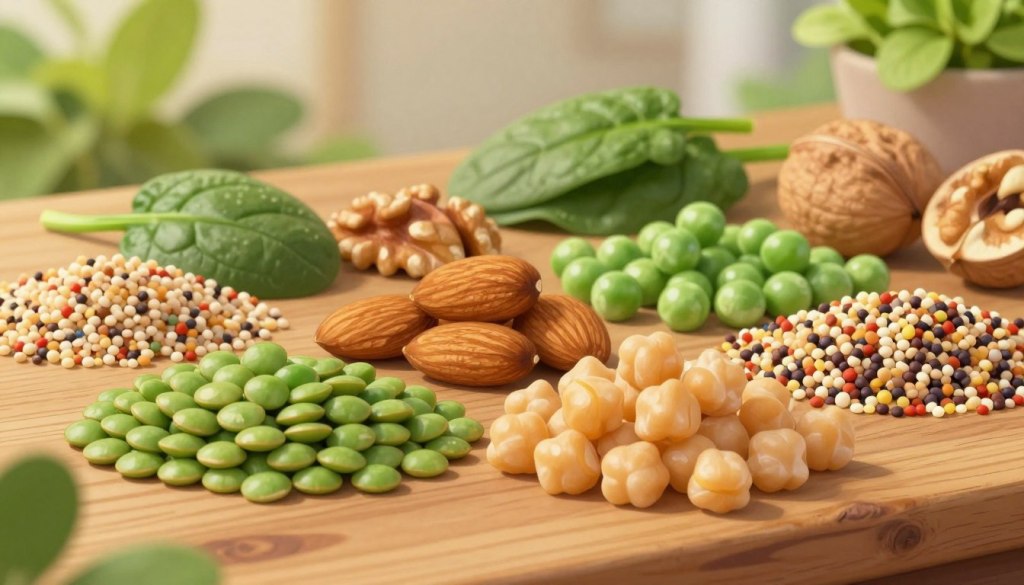 A vibrant arrangement of various plant-based protein sources displayed aesthetically on a rustic wooden table. In the foreground, showcase bright green lentils, creamy chickpeas, and colorful quinoa. In the middle, include a variety of nuts such as almonds and walnuts, alongside fresh green peas and a handful of spinach. The background features soft focus on leafy plants and herbs, adding a touch of nature. Soft, warm lighting enhances the textures and colors of the proteins, creating a welcoming atmosphere. The angle should be slightly elevated, capturing the abundance of healthy options while emphasizing freshness. The mood is friendly and inviting, suitable for health-conscious readers exploring nutrition.