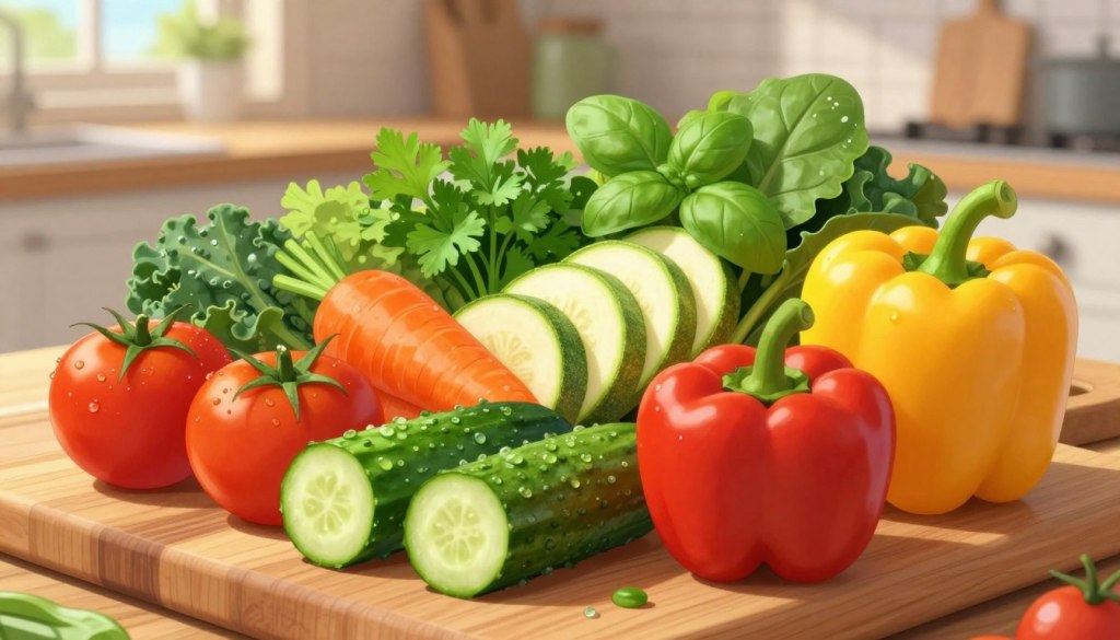 A vibrant assortment of fresh, colorful vegetables arranged artistically on a wooden cutting board. In the foreground, showcase plump tomatoes, crisp cucumbers, bright bell peppers, and leafy greens like spinach and kale, all glistening with dew. In the middle ground, include sliced portions of zucchini and carrots, artfully displayed alongside sprigs of fresh herbs such as parsley and basil, conveying the essence of heart-healthy cuisine. The background features a softly blurred kitchen setting, with natural light pouring in from a nearby window, creating a warm and inviting atmosphere. Use a macro lens perspective to highlight textures and colors, emphasizing freshness and nutrition in a wholesome yet visually appealing way.