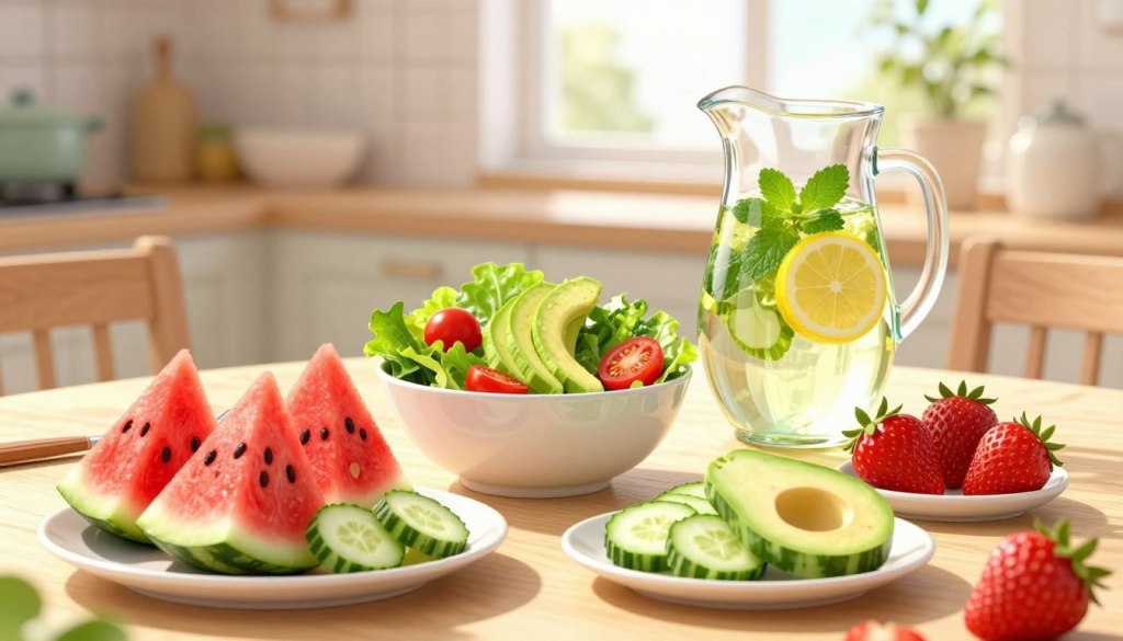 A vibrant assortment of hydrating foods perfect for seniors, laid out on a bright, sunlit dining table. In the foreground, a colorful display of juicy watermelon slices, refreshing cucumber rounds, and plump strawberries. In the middle, a beautiful bowl of mixed greens garnished with cherry tomatoes and avocado, showcasing their hydrating qualities. A pitcher of infused water with lemon and mint stands nearby, reflecting the sunny atmosphere. The background features a cozy kitchen setting with soft, natural light filtering in through a window, creating a warm and inviting mood. The overall scene conveys freshness and vitality, encouraging healthy hydration at mealtime.