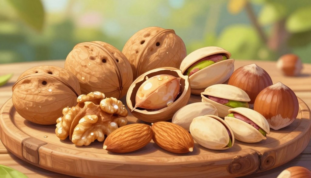 A vibrant assortment of nuts, including walnuts, almonds, pistachios, and hazelnuts, arranged aesthetically on a rustic wooden platter. In the foreground, the nuts are presented in varying sizes and textures, glistening with a light sheen of natural oils, showcasing their freshness. In the middle, a few nuts are crack-opened to reveal their rich, creamy interiors, emphasizing their healthy fats. The background features blurred greenery, suggesting a natural, wholesome environment that enhances the theme of health. Soft, warm lighting illuminates the scene, casting gentle shadows and creating a cozy, inviting atmosphere. The overall mood is friendly and uplifting, perfect for showcasing nutritious snack options.
