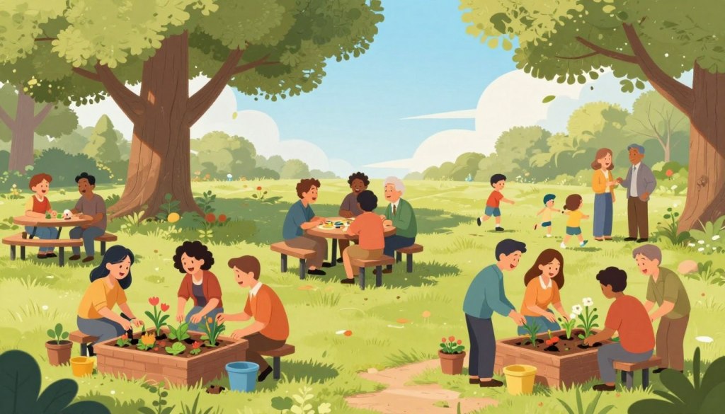 A vibrant community park scene filled with diverse individuals engaged in various low-tech activities. In the foreground, a mixed group of adults in casual clothing collaborates on a community garden, joyfully planting flowers and vegetables. In the middle ground, a small circle of friends plays board games on picnic tables under a large, leafy tree, their laughter creating a warm atmosphere. Nearby, a couple of older adults share stories while watching younger children play tag on the grass. The background features a bright blue sky, with soft, warm sunlight filtering through the branches, casting gentle shadows. The overall mood is cheerful and inviting, emphasizing connection and togetherness in a safe, friendly environment.