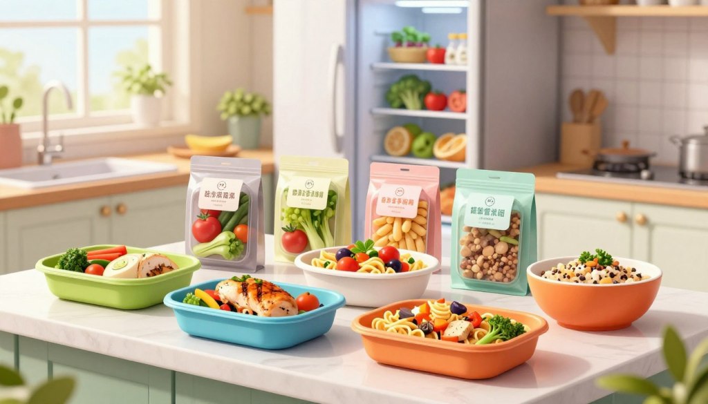 A vibrant kitchen countertop featuring an assortment of fresh refrigerated and frozen meals, beautifully packaged and neatly arranged in an inviting manner. The foreground showcases a colorful selection of meal trays, such as grilled chicken with vegetables, pasta primavera, and quinoa bowls, all set against a backdrop of an open refrigerator filled with fresh ingredients. The lighting is bright and natural, streaming in from a nearby window, creating a warm and welcoming atmosphere. In the background, a cozy kitchen setting with subtle hints of herbs and kitchen utensils enhances the homey feel. The focus is crisp, giving a clear view of the meal options while maintaining a clean and minimal aesthetic, perfect for illustrating healthy choices. A vibrant kitchen countertop featuring an assortment of fresh refrigerated and frozen meals, beautifully packaged and neatly arranged in an inviting manner. The foreground showcases a colorful selection of meal trays, such as grilled chicken with vegetables, pasta primavera, and quinoa bowls, all set against a backdrop of an open refrigerator filled with fresh ingredients. The lighting is bright and natural, streaming in from a nearby window, creating a warm and welcoming atmosphere. In the background, a cozy kitchen setting with subtle hints of herbs and kitchen utensils enhances the homey feel. The focus is crisp, giving a clear view of the meal options while maintaining a clean and minimal aesthetic, perfect for illustrating healthy choices.