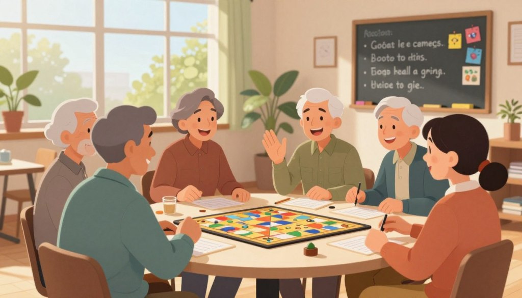 A vibrant scene depicting seniors engaged in a group activity, showcasing a mix of individuals in professional casual clothing. In the foreground, a diverse circle of seniors is seated at a table, actively participating in a board game, with smiling expressions and animated gestures. The middle ground features a cozy room filled with natural light from large windows, plants, and warm decor, encouraging a friendly atmosphere. In the background, a chalkboard displays suggestions for games and puzzles, adding an element of inspiration. The lighting is soft and uplifting, creating an inviting ambiance to emphasize collaboration and camaraderie. The image should reflect positivity and engagement among seniors, focusing on their interactions and shared moments.