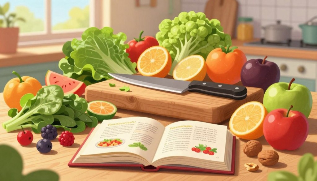 A vibrant still life composition featuring an array of fresh, colorful fruits and vegetables, emphasizing plant-based foods ideal for brain health. In the foreground, display an open cookbook with pages showing recipes for healthy meals, surrounded by chopped leafy greens, bright berries, and a few nuts. The middle layer should include a rustic wooden cutting board and a chef's knife, suggesting preparation. In the background, softly blurred kitchen elements provide a warm, inviting atmosphere, with natural light streaming in through a window, creating a cheerful ambiance. The overall mood should be wholesome and uplifting, conveying a sense of nourishment and well-being, perfect for promoting a healthy diet for aging minds. A vibrant still life composition featuring an array of fresh, colorful fruits and vegetables, emphasizing plant-based foods ideal for brain health. In the foreground, display an open cookbook with pages showing recipes for healthy meals, surrounded by chopped leafy greens, bright berries, and a few nuts. The middle layer should include a rustic wooden cutting board and a chef's knife, suggesting preparation. In the background, softly blurred kitchen elements provide a warm, inviting atmosphere, with natural light streaming in through a window, creating a cheerful ambiance. The overall mood should be wholesome and uplifting, conveying a sense of nourishment and well-being, perfect for promoting a healthy diet for aging minds.