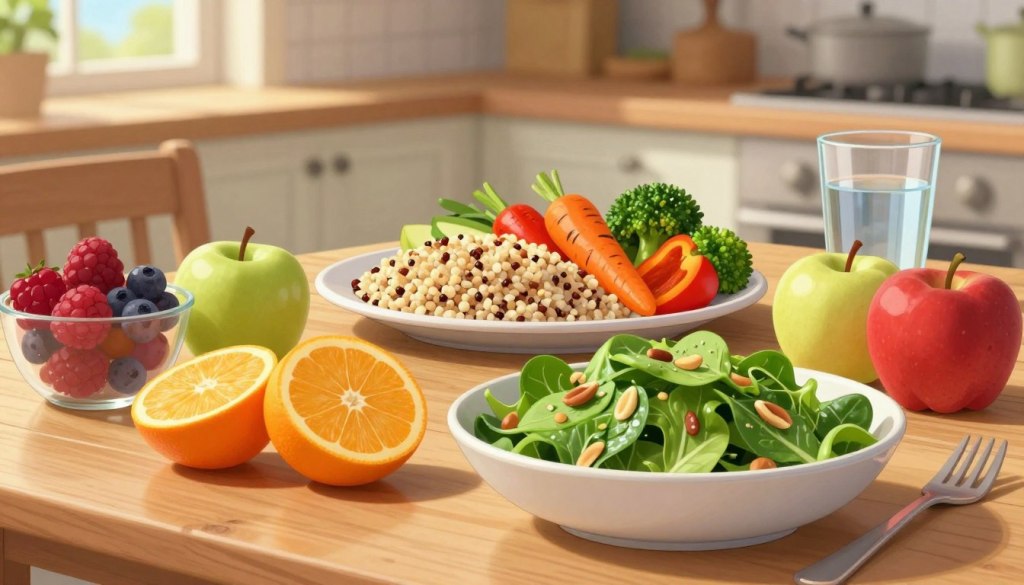A visually appealing arrangement of nutrient-dense foods designed for healthy eating in older adults. In the foreground, a wooden table displays a colorful assortment of fresh fruits like berries, oranges, and apples, next to a bowl of leafy greens topped with nuts and seeds. In the middle ground, a plate features a serving of whole grains, such as quinoa and brown rice, surrounded by a variety of roasted vegetables like carrots, bell peppers, and broccoli. Natural lighting pours in from the left, creating soft shadows that enhance the textures of the food. In the background, there are blurred kitchen herbs and a glass of water, evoking a warm and inviting atmosphere. The overall mood is wholesome and encouraging, promoting the idea of mindful eating. A visually appealing arrangement of nutrient-dense foods designed for healthy eating in older adults. In the foreground, a wooden table displays a colorful assortment of fresh fruits like berries, oranges, and apples, next to a bowl of leafy greens topped with nuts and seeds. In the middle ground, a plate features a serving of whole grains, such as quinoa and brown rice, surrounded by a variety of roasted vegetables like carrots, bell peppers, and broccoli. Natural lighting pours in from the left, creating soft shadows that enhance the textures of the food. In the background, there are blurred kitchen herbs and a glass of water, evoking a warm and inviting atmosphere. The overall mood is wholesome and encouraging, promoting the idea of mindful eating.