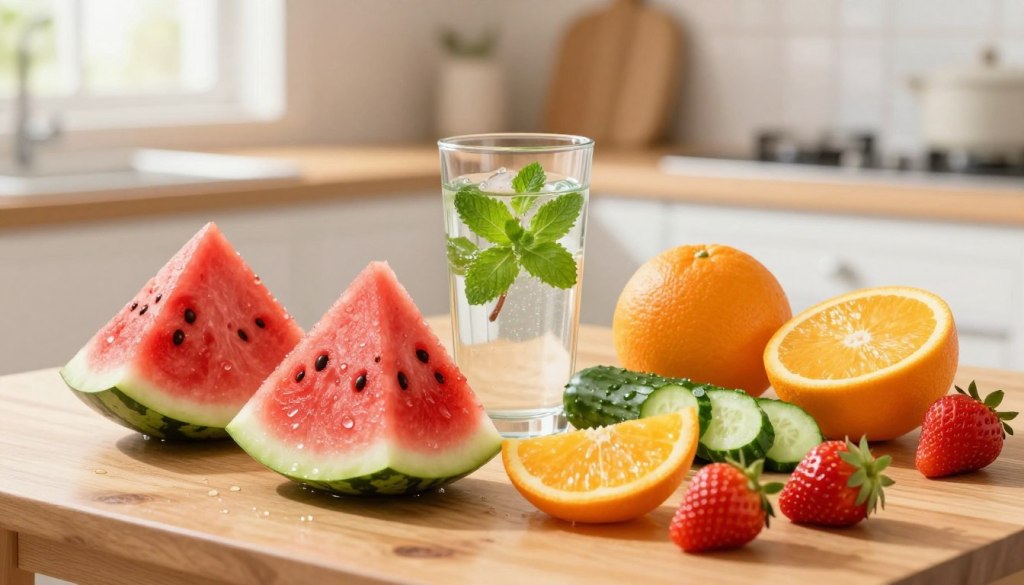 A visually appealing arrangement of various water-rich foods that promote hydration, including vibrant slices of watermelon, cucumber, oranges, and strawberries on a simple wooden table. In the foreground, focus on the juicy textures of these fruits, glistening with droplets of water. The middle ground features a glass of refreshing mint-infused water, complementing the colorful food. The background is softly blurred, showcasing a sunlit kitchen with gentle morning light filtering through a window, creating a warm and inviting atmosphere. The overall mood is cheerful and health-conscious, emphasizing the importance of hydration through natural foods. Use a shallow depth of field to draw attention to the foreground items. A visually appealing arrangement of various water-rich foods that promote hydration, including vibrant slices of watermelon, cucumber, oranges, and strawberries on a simple wooden table. In the foreground, focus on the juicy textures of these fruits, glistening with droplets of water. The middle ground features a glass of refreshing mint-infused water, complementing the colorful food. The background is softly blurred, showcasing a sunlit kitchen with gentle morning light filtering through a window, creating a warm and inviting atmosphere. The overall mood is cheerful and health-conscious, emphasizing the importance of hydration through natural foods. Use a shallow depth of field to draw attention to the foreground items.