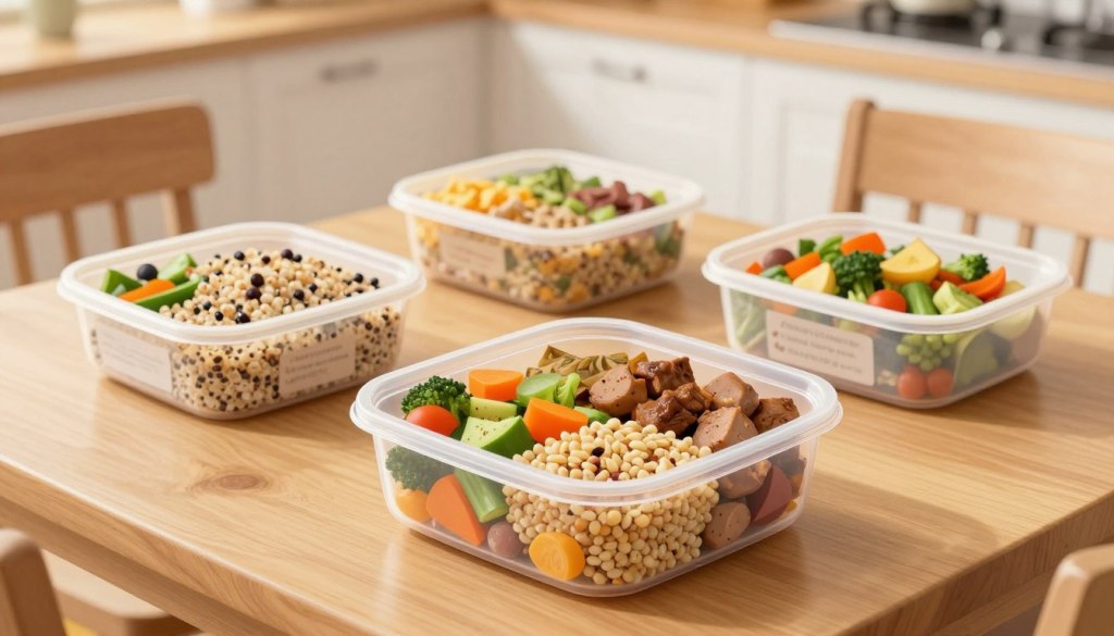 A visually appealing selection of healthy ready meals designed for seniors, artfully arranged on a light wooden dining table. In the foreground, a neatly packed microwave meal in a sustainable, clear container showcases colorful vegetables, whole grains, and lean proteins. The middle ground features additional meals, including a quinoa salad and a vegetable stir-fry, all labeled subtly to indicate their nutritious qualities. The background reveals a softly diffused kitchen setting with warm, natural lighting that enhances the welcoming atmosphere. The scene conveys a sense of comfort and health, inviting seniors to explore their meal options in a clean, organized space. The angle is slightly overhead, creating an inviting perspective without any people present, focusing entirely on the meals. A visually appealing selection of healthy ready meals designed for seniors, artfully arranged on a light wooden dining table. In the foreground, a neatly packed microwave meal in a sustainable, clear container showcases colorful vegetables, whole grains, and lean proteins. The middle ground features additional meals, including a quinoa salad and a vegetable stir-fry, all labeled subtly to indicate their nutritious qualities. The background reveals a softly diffused kitchen setting with warm, natural lighting that enhances the welcoming atmosphere. The scene conveys a sense of comfort and health, inviting seniors to explore their meal options in a clean, organized space. The angle is slightly overhead, creating an inviting perspective without any people present, focusing entirely on the meals.