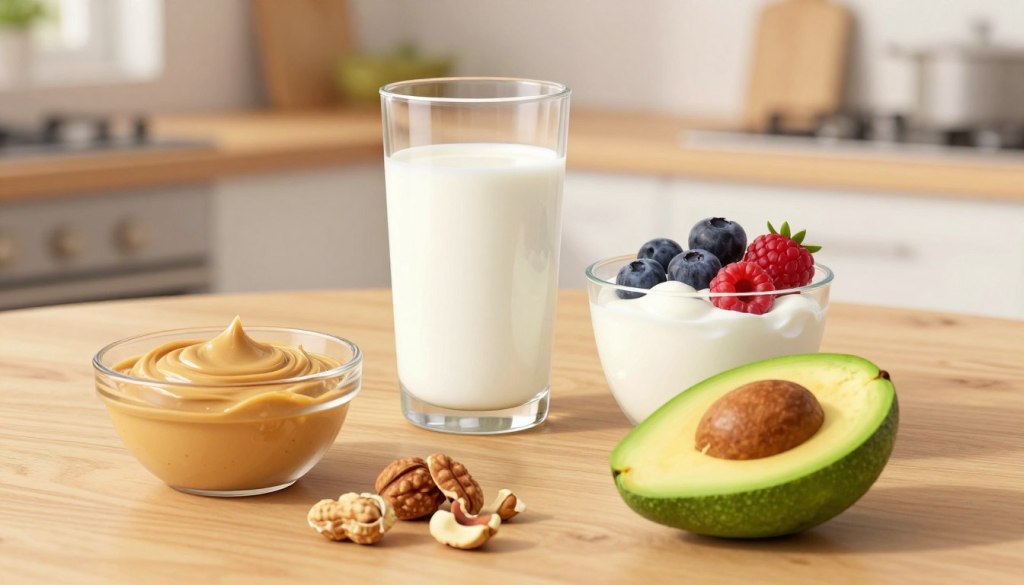 A visually appealing still life composition centered on a wooden table filled with nutrient-dense foods. In the foreground, showcase a small bowl of peanut butter, a handful of nuts, and slices of avocado, symbolizing high-calorie sources. In the middle, include a tall glass of whole milk and a serving of protein-rich yogurt adorned with berries. The background should feature soft, warm lighting that creates an inviting atmosphere, with blurred kitchen utensils hinting at a homey environment. The angle should be slightly elevated, capturing the textures and colors of the foods while maintaining a clean, organized layout. The overall mood is friendly and encouraging, emphasizing healthy eating habits for older adults. A visually appealing still life composition centered on a wooden table filled with nutrient-dense foods. In the foreground, showcase a small bowl of peanut butter, a handful of nuts, and slices of avocado, symbolizing high-calorie sources. In the middle, include a tall glass of whole milk and a serving of protein-rich yogurt adorned with berries. The background should feature soft, warm lighting that creates an inviting atmosphere, with blurred kitchen utensils hinting at a homey environment. The angle should be slightly elevated, capturing the textures and colors of the foods while maintaining a clean, organized layout. The overall mood is friendly and encouraging, emphasizing healthy eating habits for older adults.