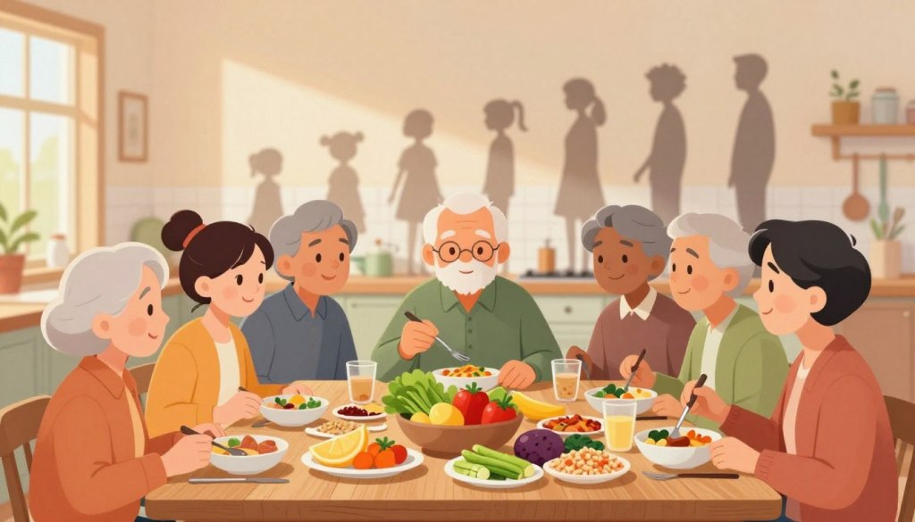 A visually engaging illustration depicting the evolution of eating habits with age. In the foreground, show a diverse group of older adults enjoying a nutritious meal, seated at a wooden dining table, with colorful fruits and vegetables, whole grains, and lean proteins arranged artfully. In the middle ground, include a vibrant kitchen setting with natural light streaming through a window, highlighting the warmth of the scene. In the background, subtly feature a comparison of different age groups (children, young adults, and seniors) depicted through shadow silhouettes, symbolizing the journey of nutrition through life stages. The mood should be welcoming and educational, inviting viewers to reflect on the importance of adapting nutrition as one ages, captured with a soft-focus lens that enhances the comforting atmosphere.