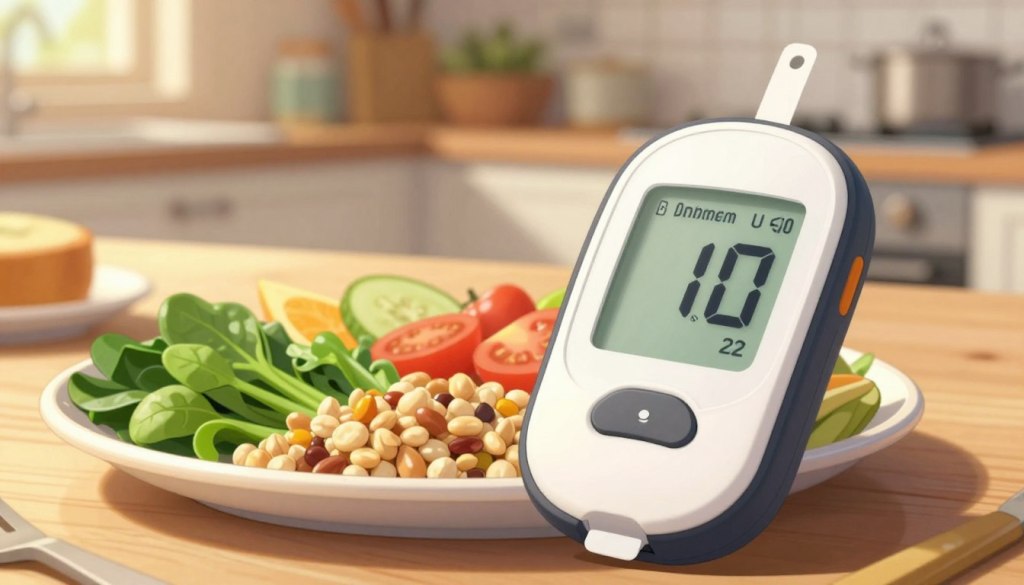 A visually striking image focusing on blood sugar management for seniors, featuring a close-up of a blood glucose meter displaying a healthy reading in the foreground. The meter is resting on a simple meal plate divided into sections with colorful, healthy foods like leafy greens, whole grains, and lean proteins in the middle ground. In the background, softly blurred, a cozy kitchen setting illuminates with warm, natural lighting, suggesting a homely atmosphere. A subtle emphasis on warmth and health is created through golden-hour sunlight filtering in, enhancing the overall inviting mood. The composition should feel friendly and comforting, highlighting the importance of diabetes-friendly eating for older adults without any text or distractions.