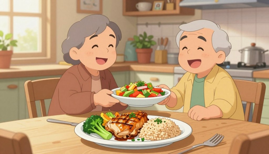 A warm and inviting dining scene set at a cozy kitchen table during mealtime. In the foreground, a beautifully arranged plate featuring a balanced meal of grilled chicken, steamed vegetables, and a small serving of brown rice, garnished with fresh herbs. In the middle, an older couple, dressed in modest casual clothing, sharing a joyful moment as they serve each other food, their expressions reflecting happiness and togetherness. Soft natural light streams through a nearby window, highlighting the colorful food and creating a welcoming atmosphere. In the background, subtle hints of kitchen decor, like potted herbs and family photos, reinforce a homey feel, emphasizing the importance of regular meals in a nurturing environment. A warm and inviting dining scene set at a cozy kitchen table during mealtime. In the foreground, a beautifully arranged plate featuring a balanced meal of grilled chicken, steamed vegetables, and a small serving of brown rice, garnished with fresh herbs. In the middle, an older couple, dressed in modest casual clothing, sharing a joyful moment as they serve each other food, their expressions reflecting happiness and togetherness. Soft natural light streams through a nearby window, highlighting the colorful food and creating a welcoming atmosphere. In the background, subtle hints of kitchen decor, like potted herbs and family photos, reinforce a homey feel, emphasizing the importance of regular meals in a nurturing environment.