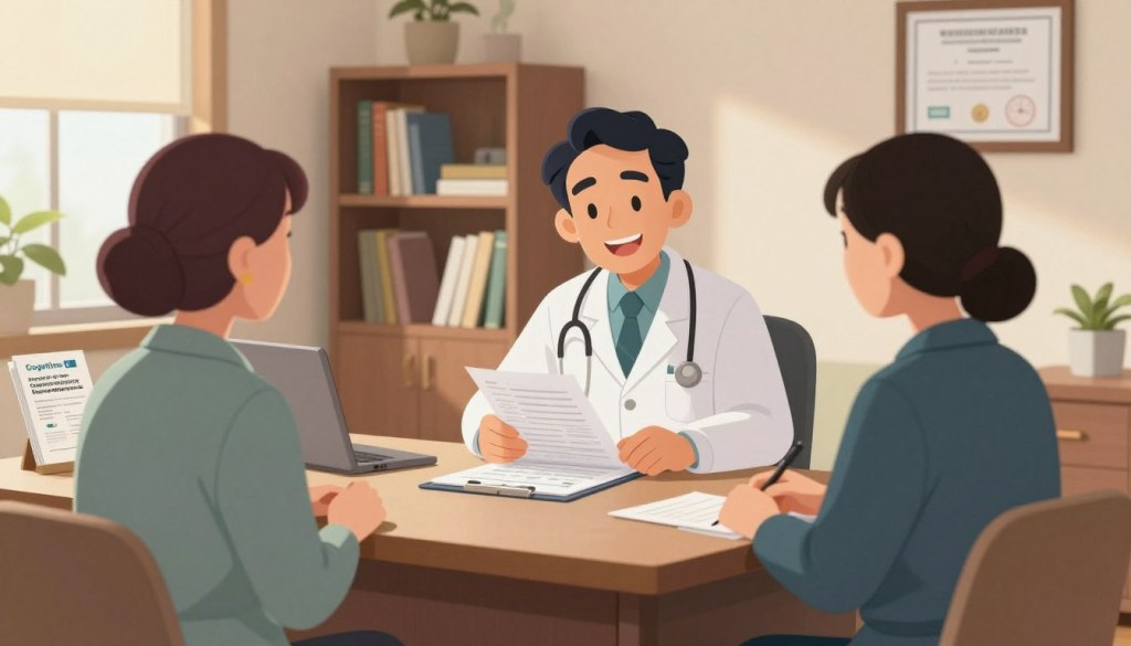 A warm and inviting doctor's office scene, showcasing a friendly physician seated at a desk, reviewing medical charts and cognitive assessment tools. In the foreground, a middle-aged woman, dressed in professional business attire, appears engaged and attentive as she discusses her cognitive health. Nearby, a small table holds resources like pamphlets about cognitive impairment. In the middle background, a bookshelf filled with medical books and a framed certification on the wall adds professionalism to the space. Soft, natural light filters through a window, creating a calm and reassuring atmosphere. The angle focuses on the interaction between the patient and doctor, highlighting the importance of understanding cognitive assessments and fostering open communication.