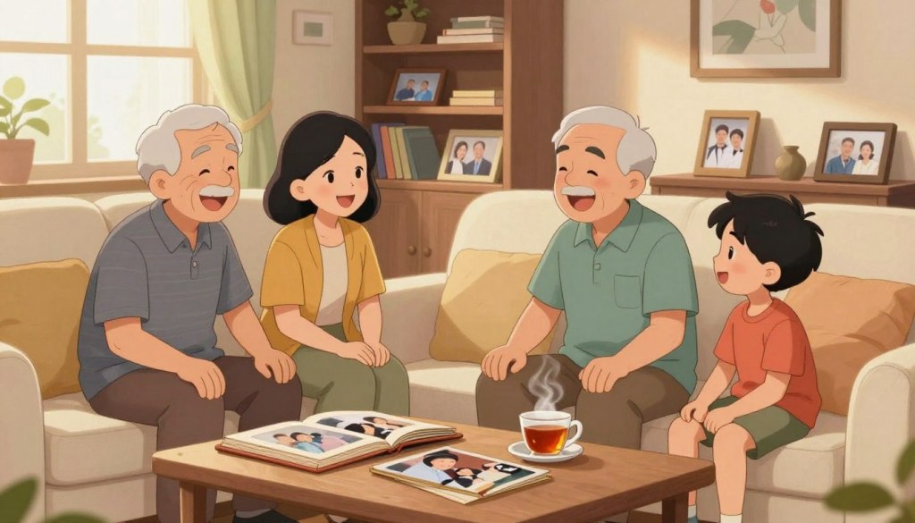 A warm and inviting family gathering scene in a cozy living room. In the foreground, an elderly couple, dressed in modest casual clothing, is seated on a comfortable sofa, engaged in conversation with their adult child and a grandchild, all smiling and animatedly sharing stories. The middle ground features a small coffee table adorned with family photo albums and a steaming cup of tea, symbolizing cherished memories. In the background, shelves filled with family pictures, heirlooms, and books create a nostalgic atmosphere. Soft, natural lighting filters through a window, casting a gentle glow on their faces, conveying warmth and togetherness. The overall mood is cheerful and intimate, celebrating the importance of family history and storytelling.