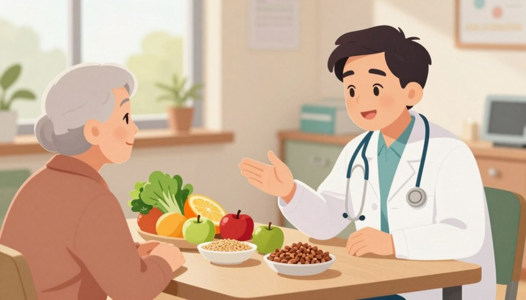 A warm and inviting health care setting that emphasizes safety and guidance. In the foreground, a friendly, middle-aged health care provider dressed in professional attire, attentively discussing dietary advice with a senior patient. The middle section features a table filled with colorful, fresh fruits and vegetables, emphasizing fiber-rich options like apples, leafy greens, and whole grains. In the background, a cozy clinic environment with soft, natural lighting filtering through large windows, creating a calm and reassuring atmosphere. The image should evoke a sense of trust and support, highlighting the importance of communication with health care providers regarding dietary choices for seniors. The overall composition should be well-balanced, focusing on the interaction between the provider and patient.
