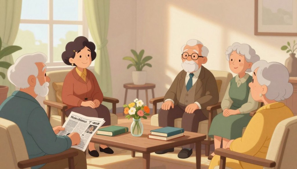 A warm and inviting indoor setting that fosters reminiscence activities among seniors engaging in conversation. In the foreground, a diverse group of well-dressed seniors, two men and two women, are seated around a coffee table filled with books and a newspaper, their faces animated and expressive. In the middle ground, comfortable chairs and soft cushions create a cozy atmosphere, while a small vase of fresh flowers adds a touch of life. In the background, a softly lit window lets in natural sunlight, casting gentle shadows that enhance the serene vibe. The focus is on creating a sense of connection and warmth, with a color palette of earth tones, soft yellows, and greens that encourage relaxation and engagement. The overall mood should evoke comfort, nostalgia, and a sense of community.
