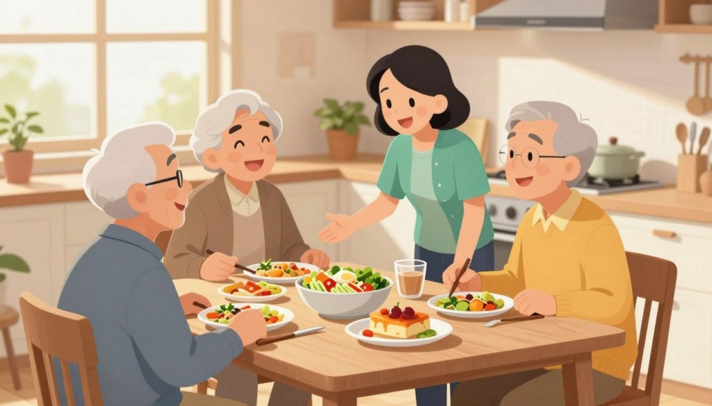 A warm and inviting kitchen scene featuring a caregiver and a senior couple sitting at a dining table, discussing the meals they enjoyed that day. The caregiver, a middle-aged person in smart casual attire, is gently engaging with the seniors, who are casually dressed but neatly presented. On the table is a colorful array of dishes, including a salad, soup, and dessert, showcasing a nutritious meal. Soft, natural lighting floods the scene from a nearby window, creating a friendly and comfortable atmosphere. In the background, kitchen items like utensils and houseplants add a homey touch. The angle captures the interaction, highlighting the joy and connection in sharing meals together. A warm and inviting kitchen scene featuring a caregiver and a senior couple sitting at a dining table, discussing the meals they enjoyed that day. The caregiver, a middle-aged person in smart casual attire, is gently engaging with the seniors, who are casually dressed but neatly presented. On the table is a colorful array of dishes, including a salad, soup, and dessert, showcasing a nutritious meal. Soft, natural lighting floods the scene from a nearby window, creating a friendly and comfortable atmosphere. In the background, kitchen items like utensils and houseplants add a homey touch. The angle captures the interaction, highlighting the joy and connection in sharing meals together.