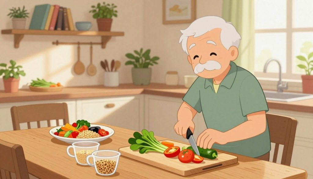A warm and inviting kitchen scene featuring a cheerful older adult preparing a healthy meal. In the foreground, the senior, dressed in modest casual clothing, is chopping colorful vegetables, with a focus on greens, tomatoes, and bell peppers. A neatly arranged cutting board, along with measuring cups filled with grains, is nearby. In the middle ground, a wooden dining table is set with a simple yet appealing meal, showcasing a balance of proteins, veggies, and whole grains. The background reveals cozy kitchen elements, like shelves filled with cookbooks and fresh herbs, creating a homey atmosphere. Soft, natural light streams in from a window, casting gentle shadows and enhancing the friendly, nourishing mood of the environment. A warm and inviting kitchen scene featuring a cheerful older adult preparing a healthy meal. In the foreground, the senior, dressed in modest casual clothing, is chopping colorful vegetables, with a focus on greens, tomatoes, and bell peppers. A neatly arranged cutting board, along with measuring cups filled with grains, is nearby. In the middle ground, a wooden dining table is set with a simple yet appealing meal, showcasing a balance of proteins, veggies, and whole grains. The background reveals cozy kitchen elements, like shelves filled with cookbooks and fresh herbs, creating a homey atmosphere. Soft, natural light streams in from a window, casting gentle shadows and enhancing the friendly, nourishing mood of the environment.