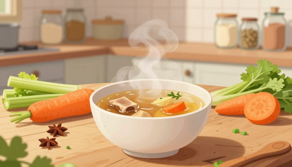 A warm and inviting kitchen scene featuring a steaming bowl of bone broth, surrounded by fresh, colorful ingredients like carrots, celery, and herbs. In the foreground, a rustic wooden table holds the bowl, with droplets of steam gently rising, emphasizing the warmth and richness of the broth. In the middle ground, ingredients like whole spices and vegetables are artfully arranged, hinting at their nutritional benefits. The background showcases shelves lined with jars of minerals and nutrients, subtly suggesting a healthful theme. Soft, natural lighting illuminates the scene, creating a cozy atmosphere that conveys comfort and nourishment, ideal for seniors seeking hydration options. The angle is slightly elevated, capturing the inviting essence of the bowl of bone broth without any distracting elements.
