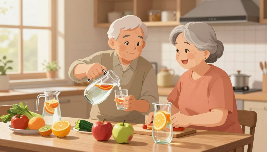 A warm and inviting kitchen scene focused on an elderly couple, both dressed in modest casual clothing, engaged in a routine of preventative hydration. In the foreground, a well-organized table is adorned with a variety of colorful fruits and vegetables, emphasizing hydration, alongside clear glass pitchers filled with water infused with citrus slices. In the middle, the couple is smiling and sharing a moment, one person pouring water into a glass, while the other is arranging the fruit. In the background, soft natural light filters through a nearby window, casting gentle shadows and creating a cozy atmosphere. The overall mood is one of health, companionship, and proactive care, reinforcing the importance of hydration in daily life.