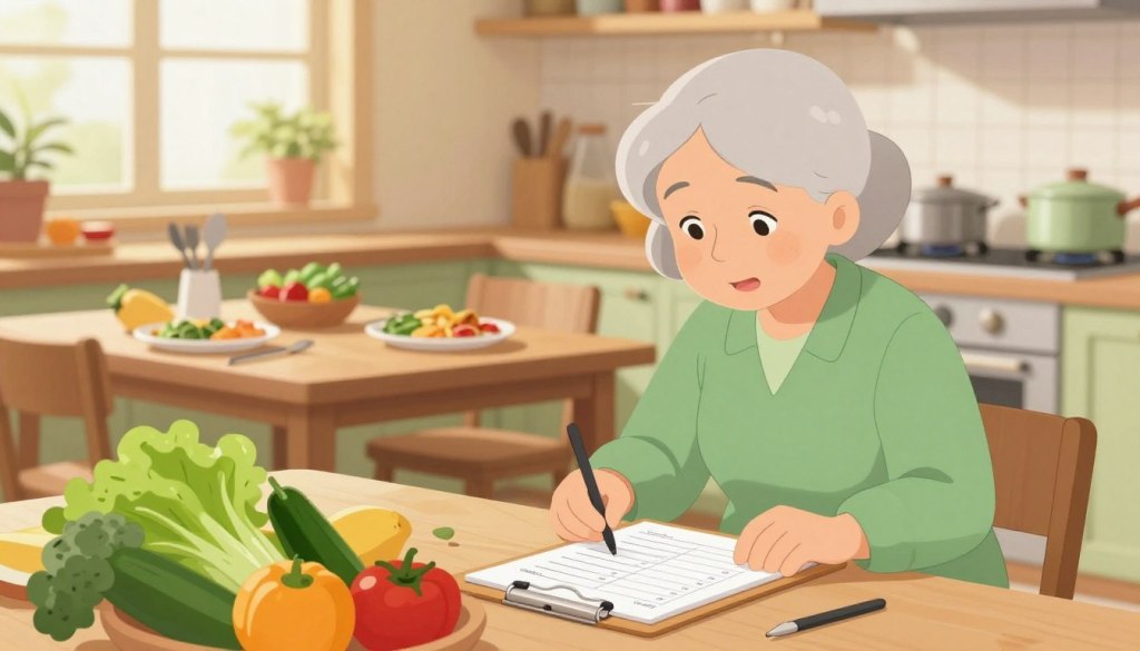 A warm and inviting kitchen scene showcasing an older adult woman in modest casual clothing thoughtfully adjusting her meal plan for the week. In the foreground, she is surrounded by fresh vegetables, fruits, and a clipboard filled with healthy recipes. In the middle, a kitchen table is set with portioned meals and cooking utensils, emphasizing simplicity and nutrition. The background features soft natural lighting streaming through a window, enhancing the cozy atmosphere. The setting should convey a sense of care and attention to health, with a color palette of soft greens and warm yellows to evoke comfort. The camera angle is slightly above eye level, capturing both the subject and the inviting details of the kitchen environment. A warm and inviting kitchen scene showcasing an older adult woman in modest casual clothing thoughtfully adjusting her meal plan for the week. In the foreground, she is surrounded by fresh vegetables, fruits, and a clipboard filled with healthy recipes. In the middle, a kitchen table is set with portioned meals and cooking utensils, emphasizing simplicity and nutrition. The background features soft natural lighting streaming through a window, enhancing the cozy atmosphere. The setting should convey a sense of care and attention to health, with a color palette of soft greens and warm yellows to evoke comfort. The camera angle is slightly above eye level, capturing both the subject and the inviting details of the kitchen environment.
