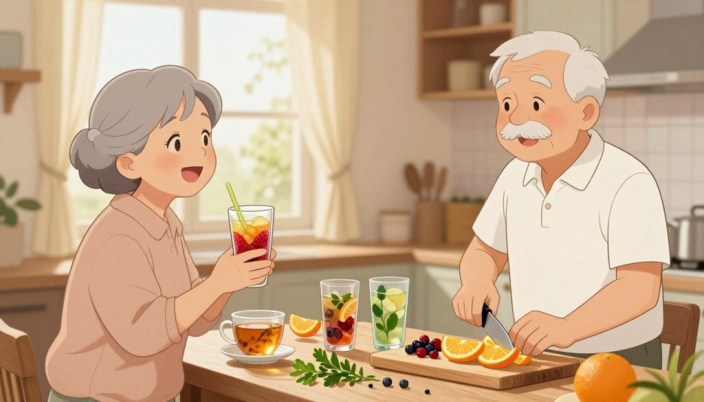 A warm and inviting kitchen setting featuring older adults engaging in a light-hearted conversation while preparing healthy drinks. In the foreground, a smiling elderly woman with short gray hair wearing a comfortable yet modest blouse holds a colorful fruit smoothie in a glass. Beside her is an older man in a neat polo shirt, slicing fresh fruits like oranges and berries on a wooden cutting board. In the middle ground, a table is adorned with various drink options, like herbal teas and infused waters, surrounded by fresh herbs. The background showcases soft morning light filtering through a window with light curtains, creating a cozy atmosphere. The mood is friendly and healthy, emphasizing the importance of hydration for seniors.