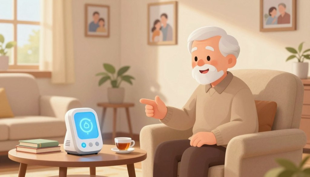 A warm and inviting living room scene depicting a senior interacting with a friendly AI companion device. In the foreground, the elderly individual, dressed in comfortable, modest clothing, sits in a cozy armchair, smiling as they engage with the device, which has a soft, glowing interface. In the middle, a small coffee table holds books and a peaceful cup of tea, emphasizing a relaxed atmosphere. Soft, diffused natural light filters in through a window, casting gentle shadows and creating a tranquil mood. In the background, family photos adorn the walls, enhancing the sense of home and connection. The overall atmosphere feels supportive and caring, showcasing the comforting role of technology in daily life. A warm and inviting living room scene depicting a senior interacting with a friendly AI companion device. In the foreground, the elderly individual, dressed in comfortable, modest clothing, sits in a cozy armchair, smiling as they engage with the device, which has a soft, glowing interface. In the middle, a small coffee table holds books and a peaceful cup of tea, emphasizing a relaxed atmosphere. Soft, diffused natural light filters in through a window, casting gentle shadows and creating a tranquil mood. In the background, family photos adorn the walls, enhancing the sense of home and connection. The overall atmosphere feels supportive and caring, showcasing the comforting role of technology in daily life.