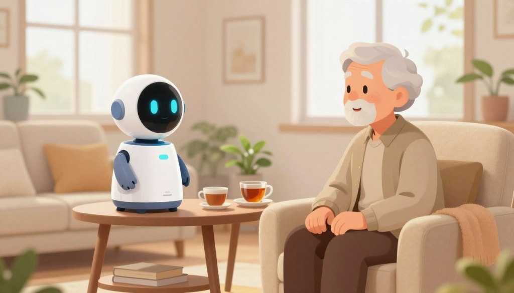 A warm and inviting living room scene, showcasing an older adult in comfortable, modest clothing conversing with a friendly AI companion device, which has a sleek, modern design. The foreground features a cozy armchair with a soft blanket draped over it, where the senior is seated, smiling gently while engaging in conversation. In the middle ground, a small side table holds a warm cup of tea and a potted plant, adding a touch of life to the setting. The background reveals large windows letting in soft, natural light, illuminating the space and creating a peaceful atmosphere. The mood is uplifting and supportive, emphasizing the importance of companionship and independence for seniors in 2025.