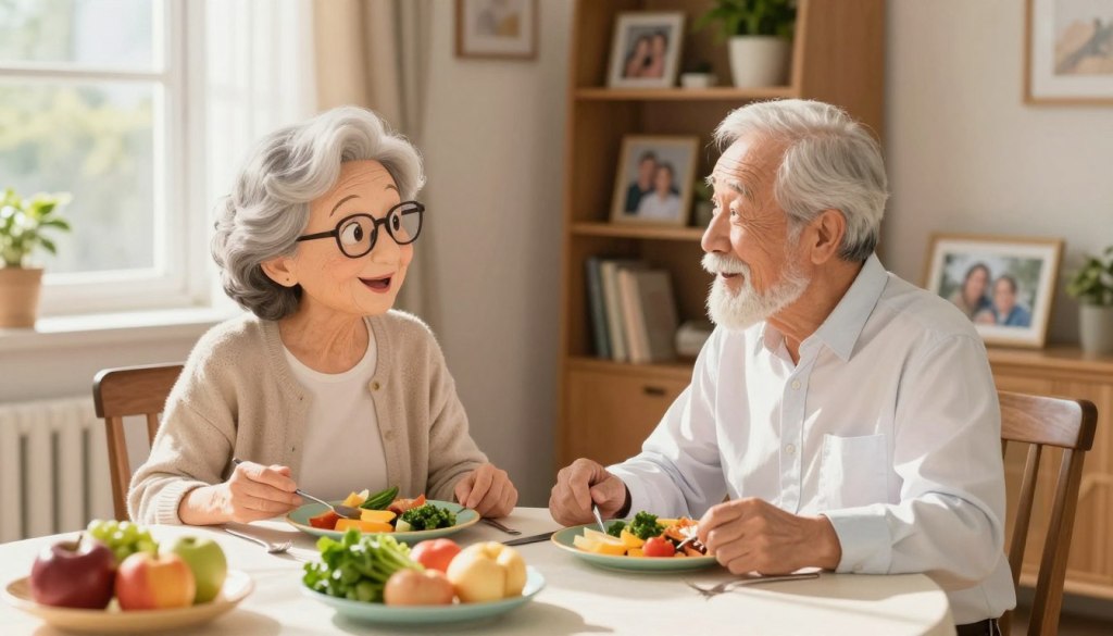 A warm and inviting living room setting features two older adults sitting at a dining table, engaged in a friendly conversation. The woman, with gray hair neatly styled, wears a cozy cardigan and glasses, while the man, with a silver beard, dons a smart casual shirt. Sunlight streams through a nearby window, casting soft, natural light that creates a cheerful atmosphere. On the table, there are colorful plates of nutritious food, like fruits and vegetables, symbolizing healthy eating. In the background, a bookshelf filled with family photos and plants adds a touch of homeliness. Capture the warmth, connection, and importance of nutrition in maintaining their well-being. The angle should be slightly above eye level, focusing on their expressions and the inviting environment. A warm and inviting living room setting features two older adults sitting at a dining table, engaged in a friendly conversation. The woman, with gray hair neatly styled, wears a cozy cardigan and glasses, while the man, with a silver beard, dons a smart casual shirt. Sunlight streams through a nearby window, casting soft, natural light that creates a cheerful atmosphere. On the table, there are colorful plates of nutritious food, like fruits and vegetables, symbolizing healthy eating. In the background, a bookshelf filled with family photos and plants adds a touch of homeliness. Capture the warmth, connection, and importance of nutrition in maintaining their well-being. The angle should be slightly above eye level, focusing on their expressions and the inviting environment.