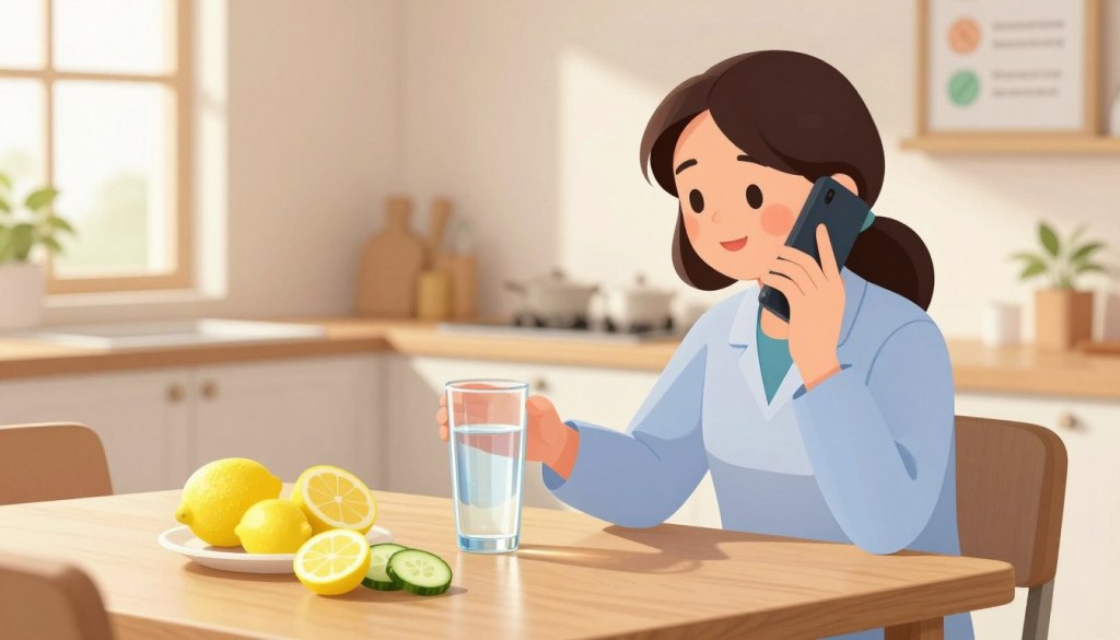 A warm and inviting scene depicting a caregiver on a phone call offering hydration advice. In the foreground, a person sits comfortably at a wooden table, dressed in professional attire, with a clear glass of water and a variety of hydration options like fruit slices (lemons and cucumbers) artfully arranged. The middle ground features a gently lit kitchen environment, sunlight streaming in through a window, highlighting the water and fruit. In the background, there are gentle reminders of hydration, such as a bulletin board with simple hydration tips and a calming plant. The mood is friendly and supportive, conveying a sense of care and attentiveness in a home setting. The lighting is soft and warm, enhancing the inviting atmosphere.