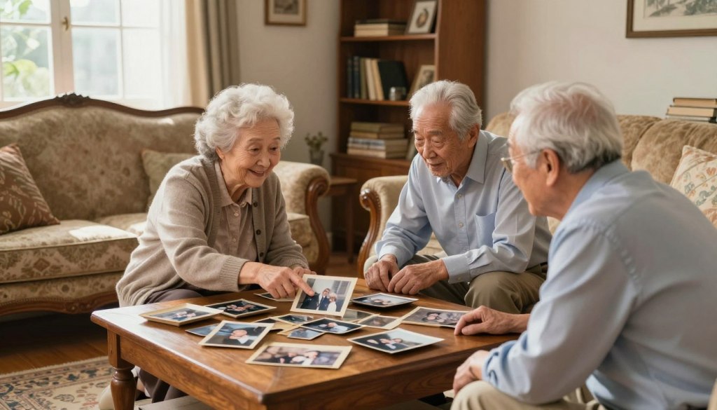 A warm and inviting scene depicting a cozy living room setting, where a close-knit group of seniors is gathered around a wooden coffee table filled with old photographs and letter memories, evoking deep conversations. In the foreground, an elderly woman in a modest cardigan is smiling as she points to a photograph, while an elderly man in a smart casual shirt listens intently, leaning forward with curiosity. The middle ground features a vintage armchair and a soft, patterned rug, creating a homey atmosphere. Soft, natural light filters through a nearby window, casting gentle shadows that enhance the emotional warmth. In the background, a shelf filled with books and mementos adds nostalgic character, inviting viewers to feel the rich history of relationships and shared experiences. The overall mood is reflective and heartwarming, encouraging connection and storytelling. A warm and inviting scene depicting a cozy living room setting, where a close-knit group of seniors is gathered around a wooden coffee table filled with old photographs and letter memories, evoking deep conversations. In the foreground, an elderly woman in a modest cardigan is smiling as she points to a photograph, while an elderly man in a smart casual shirt listens intently, leaning forward with curiosity. The middle ground features a vintage armchair and a soft, patterned rug, creating a homey atmosphere. Soft, natural light filters through a nearby window, casting gentle shadows that enhance the emotional warmth. In the background, a shelf filled with books and mementos adds nostalgic character, inviting viewers to feel the rich history of relationships and shared experiences. The overall mood is reflective and heartwarming, encouraging connection and storytelling.