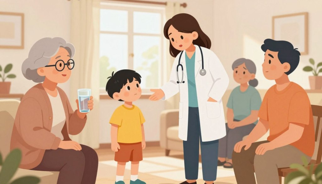 A warm and inviting scene depicting a diverse group of older adults and children, illustrating high-risk groups for dehydration. In the foreground, an elderly woman with gray hair, wearing glasses and a comfortable cardigan, is holding a glass of water, while a young boy in a bright t-shirt and shorts stands nearby, looking up with concern. In the middle, a healthcare professional in a smart casual outfit is engaging with them, demonstrating care and attentiveness. The background features soft, diffused natural light coming through a window, creating a cozy atmosphere. The setting is a simple living room, with plants and light-colored furnishings that add a homey touch, conveying a sense of warmth, safety, and compassion, emphasizing the importance of screening for dehydration in vulnerable groups.