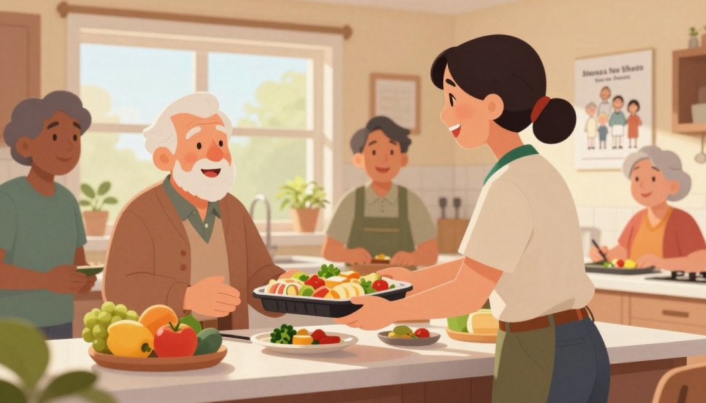 A warm and inviting scene depicting a diverse group of older adults happily interacting with a Meals on Wheels volunteer in a cozy kitchen setting. In the foreground, the volunteer, a middle-aged person in a smart casual outfit, is presenting a meal tray to a senior man, dressed in comfortable clothing, who appears grateful. In the middle ground, a window lets in soft, natural light, illuminating fresh fruits and vegetables on a kitchen counter, suggesting healthy meal options. In the background, a poster on the wall subtly highlights age eligibility, featuring an outline of a happy senior community. The overall atmosphere is friendly and supportive, conveying a sense of community care and nourishment, without any text or distractions. A warm and inviting scene depicting a diverse group of older adults happily interacting with a Meals on Wheels volunteer in a cozy kitchen setting. In the foreground, the volunteer, a middle-aged person in a smart casual outfit, is presenting a meal tray to a senior man, dressed in comfortable clothing, who appears grateful. In the middle ground, a window lets in soft, natural light, illuminating fresh fruits and vegetables on a kitchen counter, suggesting healthy meal options. In the background, a poster on the wall subtly highlights age eligibility, featuring an outline of a happy senior community. The overall atmosphere is friendly and supportive, conveying a sense of community care and nourishment, without any text or distractions.
