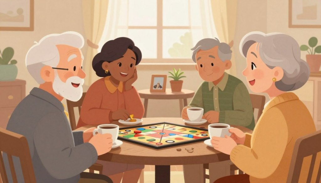 A warm and inviting scene depicting a diverse group of seniors interacting in a cozy living room setting, illustrating the concept of a support network. In the foreground, a cheerful elderly man and woman, dressed in comfortable yet modest attire, are engaged in a lively conversation over coffee. In the middle ground, another couple is seen playing a board game, emphasizing companionship and collaboration. Nearby, a small table holds framed photos and a potted plant, adding to the homely atmosphere. The background features a softly lit window with sheer curtains, allowing natural light to fill the room. The mood is friendly and supportive, capturing the essence of connection and community. Use soft, warm lighting to enhance the inviting feel of the image, focusing on expressions of joy and engagement.
